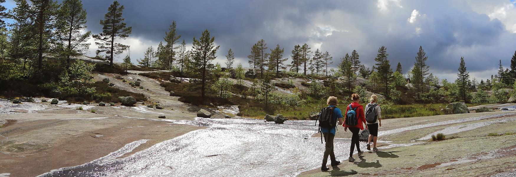 group walks over rocky cliffs