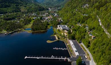 drone image of motorhome parking and guest jetty at Dalenbrygge