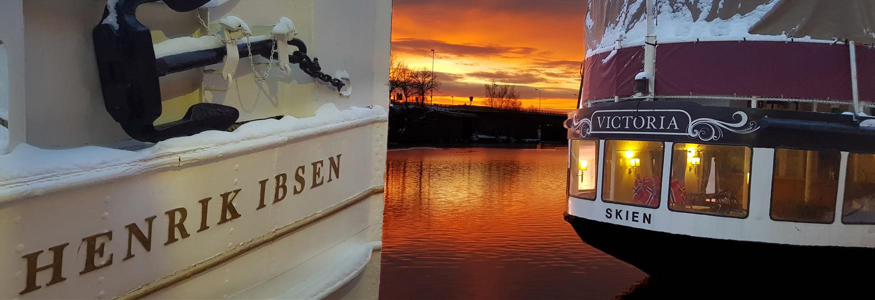 the canal boats in the winter in the evening