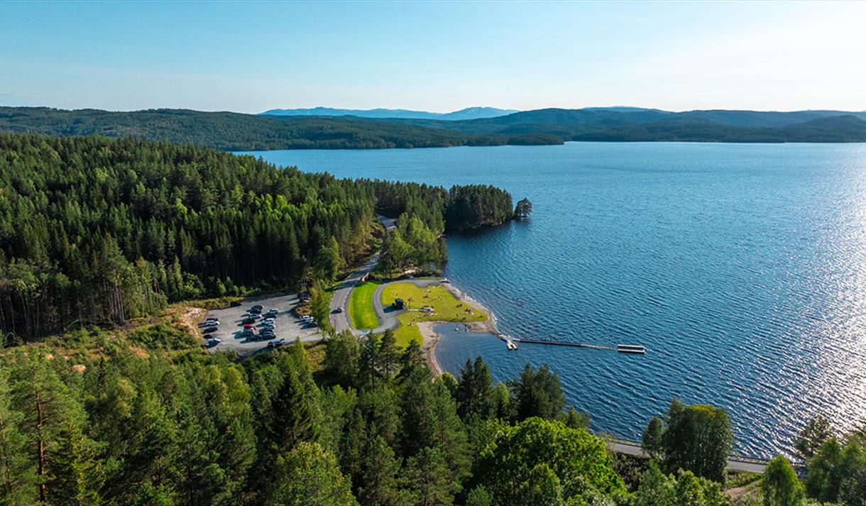 drone photo of the swimming area at lake Follsjøen in Notodden