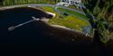 drone photo of the swimming area at lake Follsjøen in Notodden