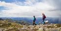 two walkers with a dog on top of mount Skorve
